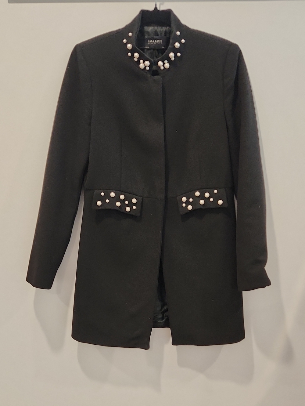 Zara Black Pearl-Embellished Long Coat Size M
